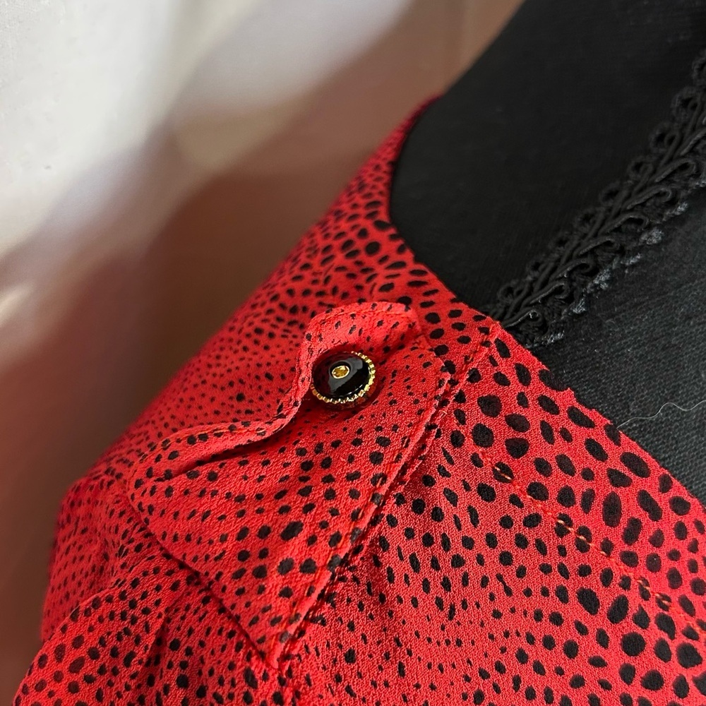 Red Textured Button-Front V-Neck Blouse - Picture 5 of 6